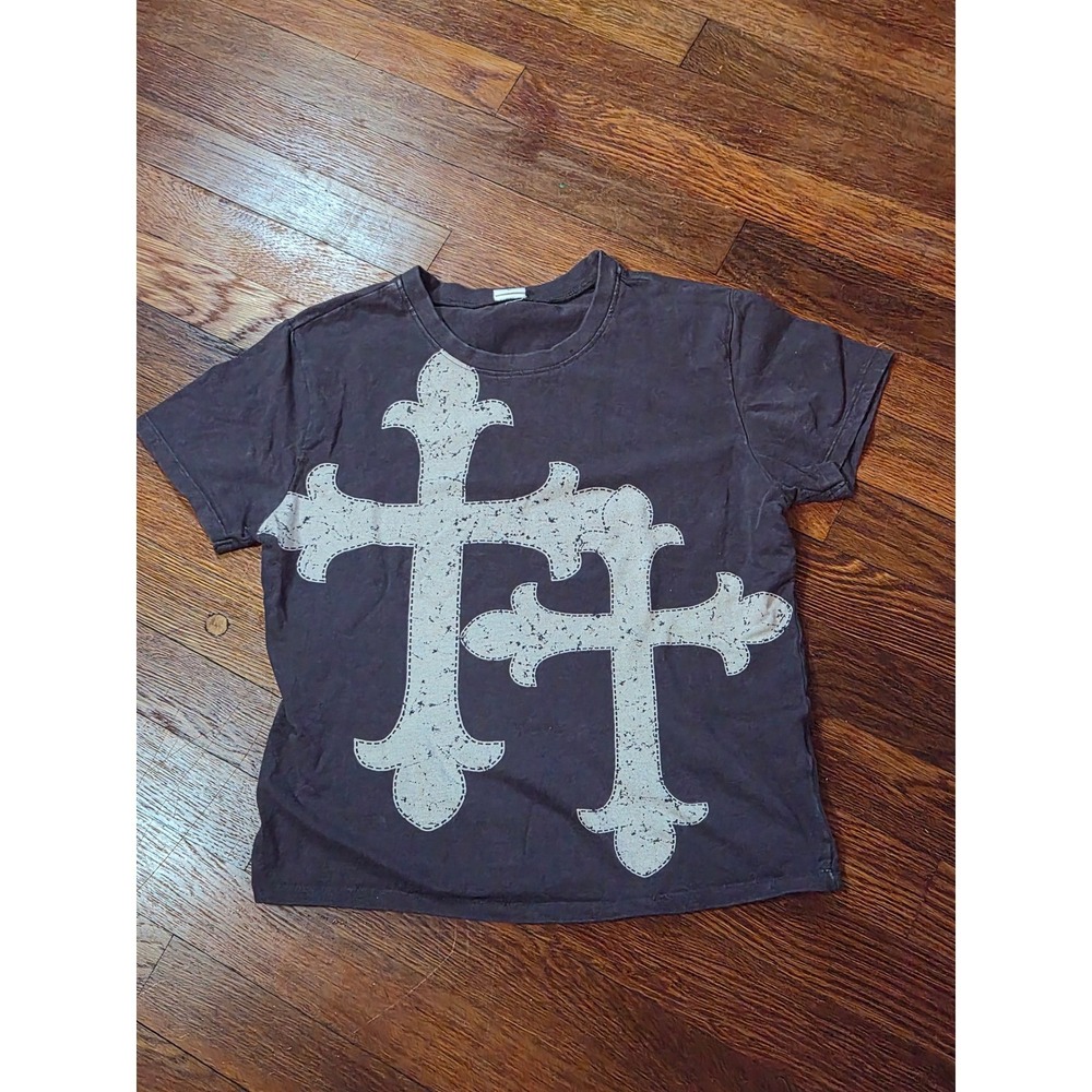 Vibe N' Double Cross Graphic T-Shirt Faded Black Distressed Streetwear Large